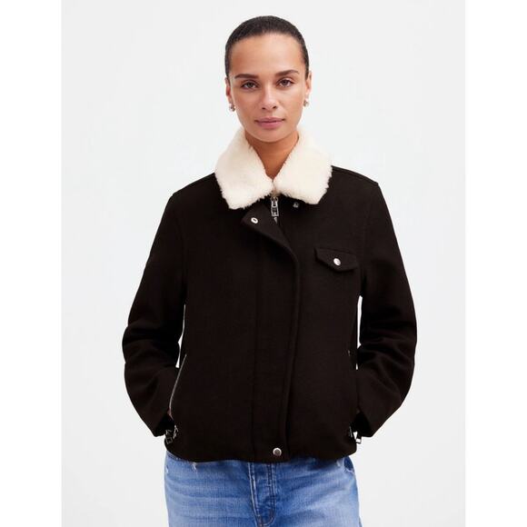 Madewell Sherpa Collar Asymmetric Zip Front Wool Jacket US Women's L - Picture 1 of 9